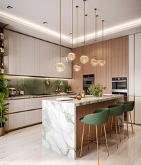 A modern kitchen contains a wooden floor and a marble counter, light brown and gold, light green, crisp and clean, marble, ai generative