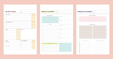 3 set Daily weekly monthly Planner. Minimalist planner template set. Vector illustration.