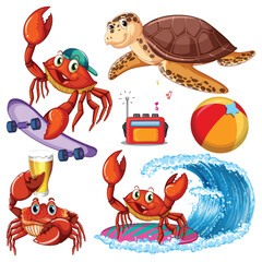 Wall Mural - Set of sea creatures cartoon character in summer