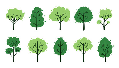 A hand-drawn set of green trees on a white background