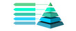 Infographic illustration of blue and green triangles divided and cut into five and space for text, Pyramid shape made of three layers for presenting business ideas or disparity and statistical data