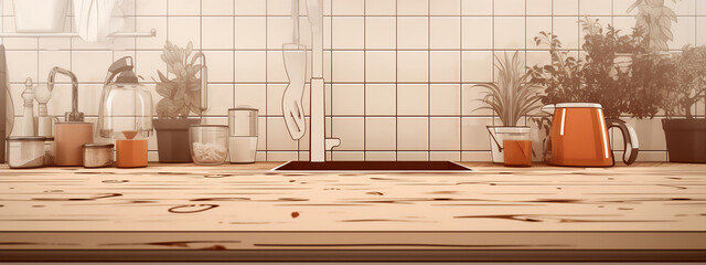 Wall Mural - kitchen interior with kitchen utensils, anime style. generative ai, digital illustration.