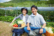 © amanaimages - 畑の前の土手に座る野菜を持つ男女