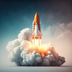 Space rocket flying toward the clouds believable rocket icon Having a successful company concept, generative ai