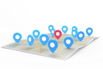 Wall Mural - red pointer surrounded by blue markers on world map