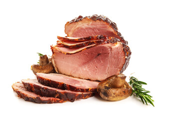 Tasty smoked ham with rosemary and grilled mushrooms isolated on white background