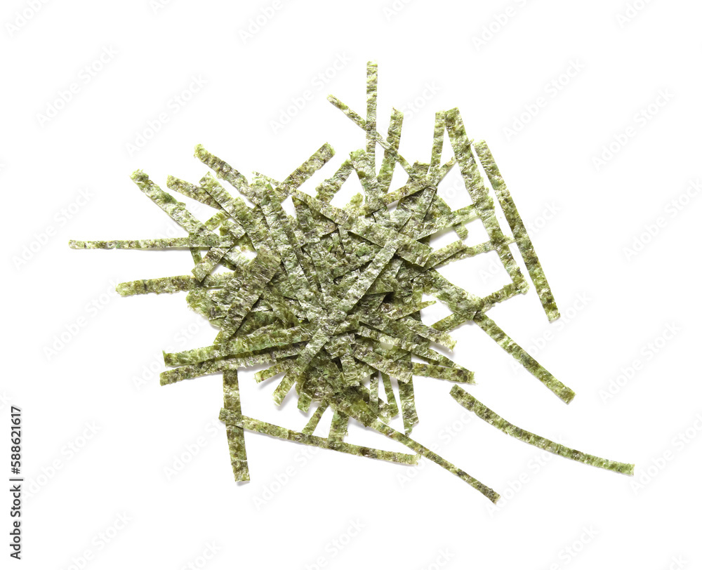 Heap of cut nori sheets on white background