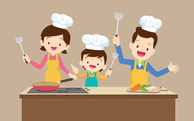 Wall Mural - happy family with mother father and children boy girl cooking in kitchen