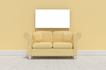 Wall Mural - 3d illustration of yellow sofa with cushions on floor