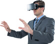 Businessman gesturing while using virtual reality headset