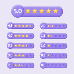 3d customer review. Feedback from clients concept. Set of low and high stars rating on purple background. Realistic vector illustration for website or mobile applications.