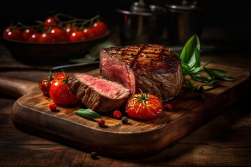 Wall Mural - Succulent thick juicy portions of grilled fillet steak served with tomatoes and roasted vegetables on an old wooden board