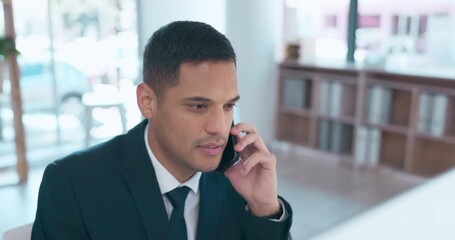 Poster - Phone call, computer and business man talking, discussion and support, corporate planning or online advice in office. Professional worker or person in serious conversation for tech company networking