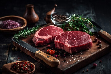 Poster - Variety raw beef steaks for grilling with spices and utensils on dark rustic board
