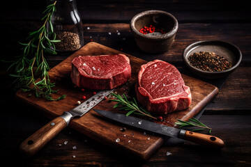 Wall Mural - Variety raw beef steaks for grilling with spices and utensils on dark rustic board
