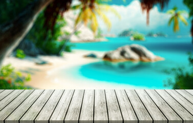 Wall Mural - Top of wood table with blurred sea and coconut tree background.