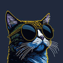 Portrait Of Cat With Glasses. Vector Art Illustration.