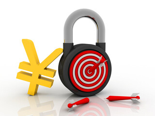 Poster - 3d illustration Yen Symbol on target protected lock