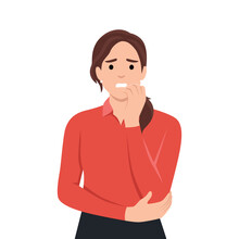 Emotion, Face, Expression, Problem, Mental Stress, Worry, Depression, Anxiety Concept. Young Anxious Worried Woman Girl Teenager Character Looking Stressed And Nervous With Hands On Mouth