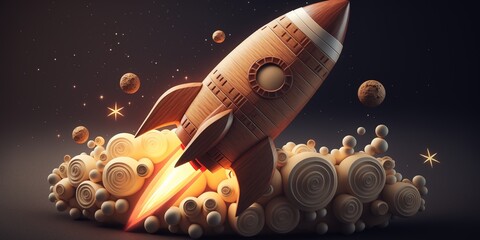 Wall Mural - a space rocket made of wood blasting out into the night sky. teaching and the public's understanding