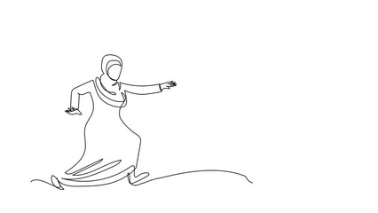 Sticker - Animated self drawing of continuous line draw Arab businesswoman chasing textbook. Education and learning program for student. Literature, dictionaries, encyclopedia. Full length one line animation