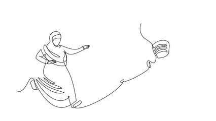 Wall Mural - Animated self drawing of continuous line draw Arab businesswoman chase flying light bulb. Innovation invention for new business ideas. Searching project creativity. Full length single line animation