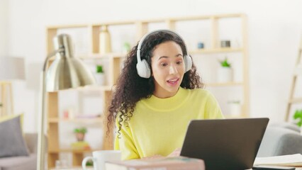 Poster - Video call, laptop and headphones with woman at home for webinar, communication and networking. Remote worker, internet and technology with female for online meeting, freelancer and seminar