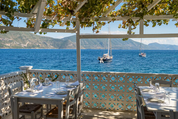 Beautiful outdoor sea view tavern on Kefalonia island, Greece