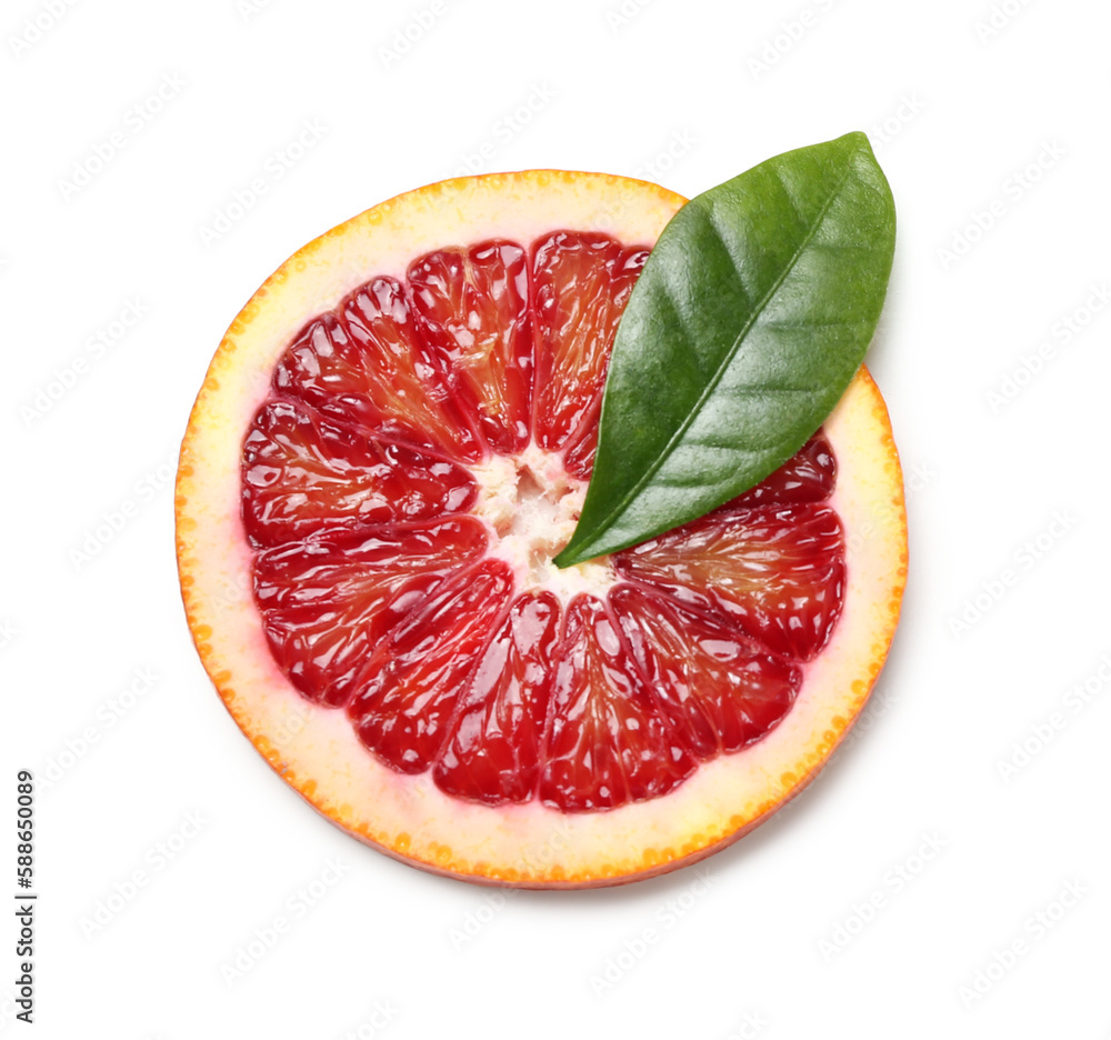 Tasty slice of blood orange fruit on white background