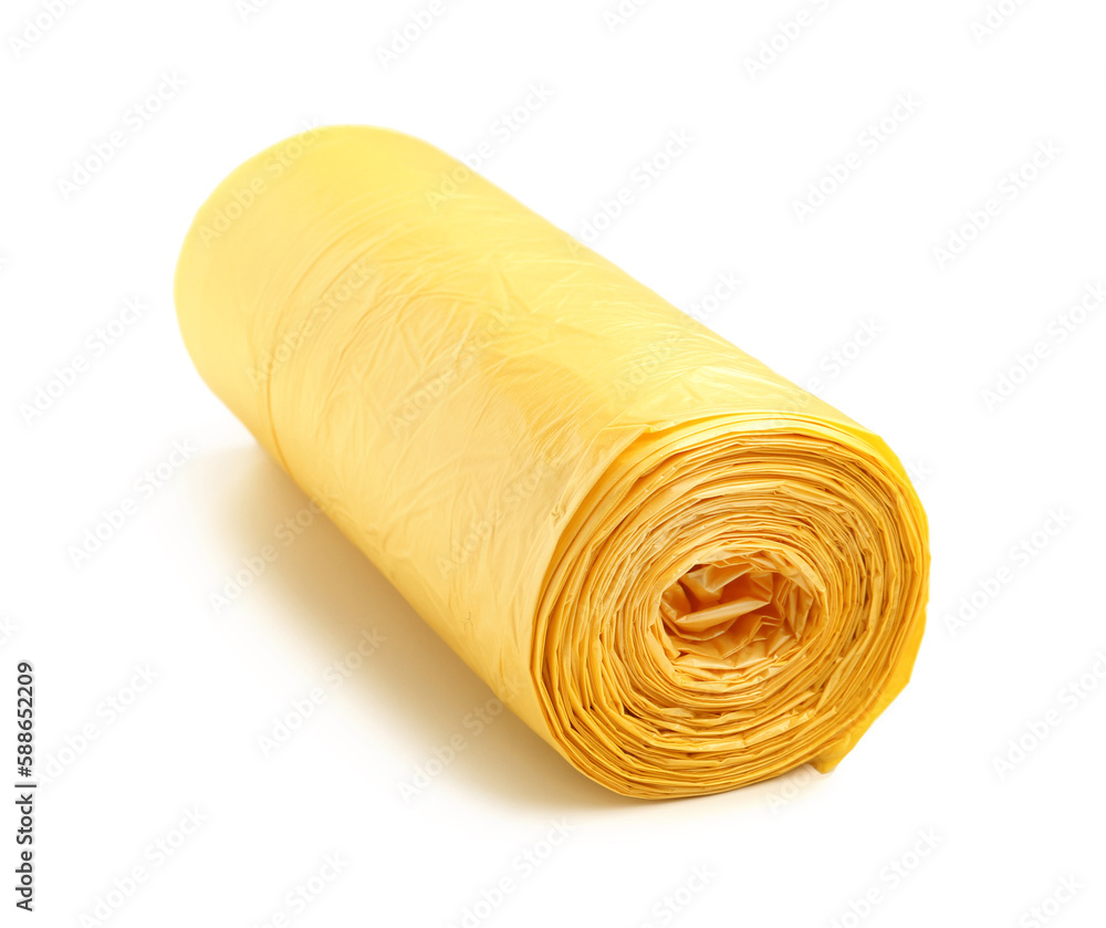 Yellow roll of garbage bags isolated on white background