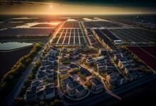 Modern Sustainable Neighbourhood In Almere, The Netherlands. The City Heating (stadswarmte) In The District Is Partially Powered By A Solar Panel Island (Zoneiland). Aerial View. Generative AI