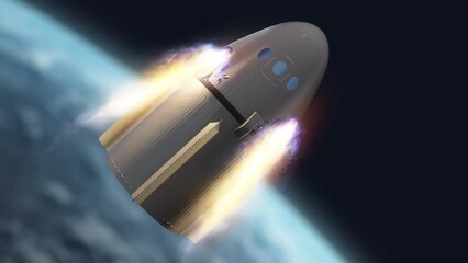 Wall Mural - Commercial Spacecraft Capsule with Rockets Igniting and Firing it to Earth Orbit with Planet Background - 3D CGI Animation 4K