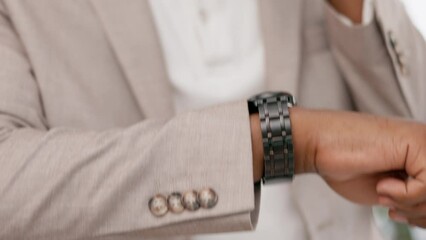 Canvas Print - Phone call, happy and business man checking time in office, smiling while waiting for appointment or meeting. Wrist watch, entrepreneur and black guy excited for conversation and good time management