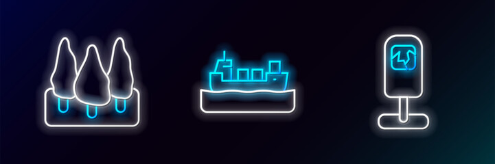 Wall Mural - Set line Trash can, Forest and Oil tanker ship icon. Glowing neon. Vector