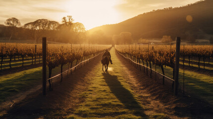 Wall Mural - A landscape of a vineyard in the valley at sunset, with warm, golden light casting long shadows across the vines