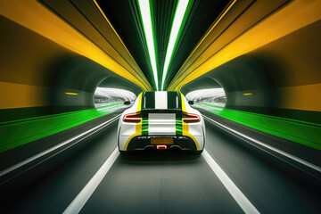 Sticker - Modern electric car rides throught tunnel with speed blur. Generative AI