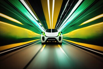 Sticker - Modern electric car rides throught tunnel with speed blur. Generative AI