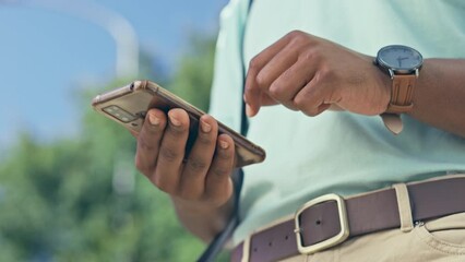 Wall Mural - Closeup, hands and man with cellphone, outdoor and social media with connection, communication and texting. Male, hand and guy with smartphone, typing and mobile app for chatting, sms and message