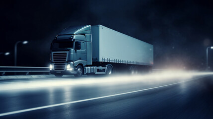 Truck driving on highway at night, car headlight light trail speed motion blur. Generative AI