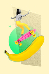 Sticker - Vertical collage image of mini excited black white gamma girl ride fly skateboard huge banana fruit isolated on creative background