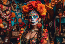 Woman With Intricate Day Of The Dead Makeup. Generative AI.