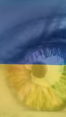 Wall Mural - Animation of flag of ukraine waving over open eye of caucasisan woman