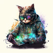 Cat hacker or program developer with laptop watercolor illustration. Funny pet character in goggles palying computer game or explore virtual reality. Modern futuristic cool domestic animal coder