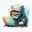 Watercolor illustrationfuturistic cat programmer or hacker, wearing hoodie and goggles, engrossed in virtual reality world using laptop for gaming or exploration. fun image for tech gaming technology