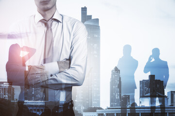 Poster - Headless young businessman standing on abstract bright city background with crowd. Success, work, job and career concept. Double exposure.