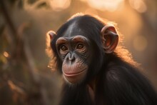 Portrait Of A Young Baby Chimpanzee With A Warm Sunset Woodland Setting.