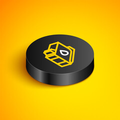 Poster - Isometric line Printer ink cartridge icon isolated on yellow background. Black circle button. Vector