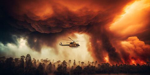 Wall Mural - Blazing Australian bushfire with rescue helicopter created with Generative AI