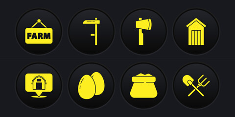 set location farm house, wooden outdoor toilet, chicken egg, full sack, axe, scythe, shovel and rake