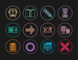 Wall Mural - Set line Crossed pencil, Hotel building, Pencil, Dots arrow, Audio book, Bus, Gas filling station and Open icon. Vector